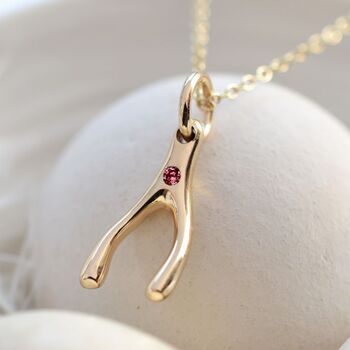 Solid 9ct Gold Wishbone Necklace With Ruby, 2 of 5