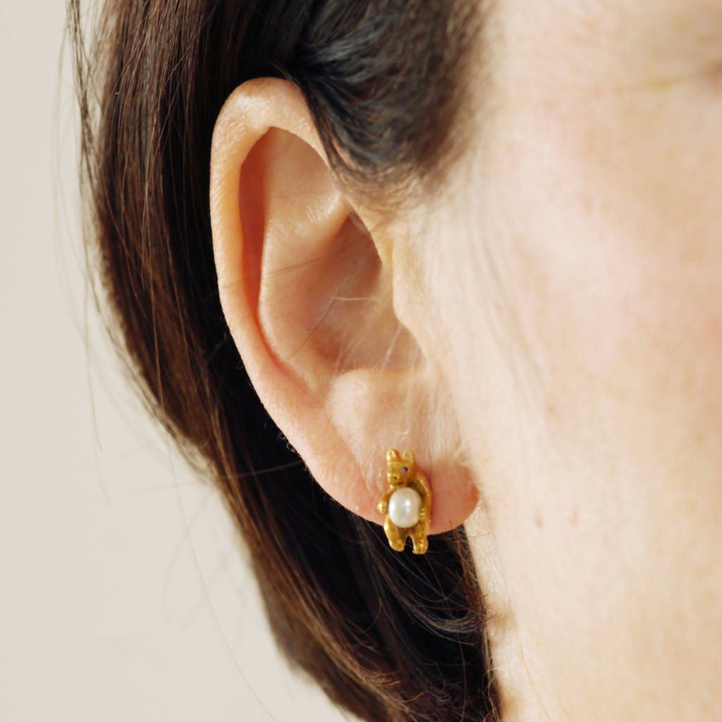 ruby diamond and pearl gold bear stud earrings by amulette