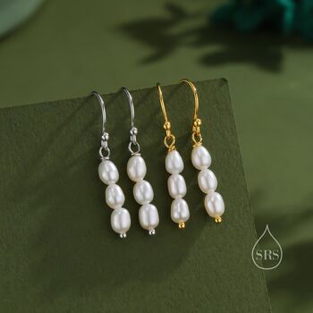 Oval Pearl Trio Drop Hook Earrings In Sterling Silver, 4 of 11
