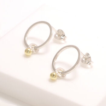 Silver Circle Stud Earrings With Dangling Gold Ball, 3 of 6