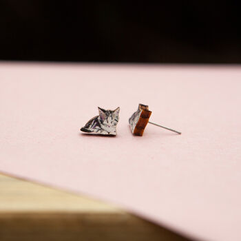 Inky Kitten Lasercut Birch Hypoallergenic Stud Earrings, 4 of 8
