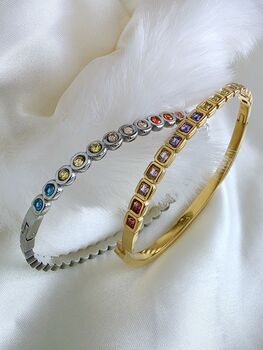 Bezel Set Coloured Gemstone Hinged Bangle In 18k Gold On Stainless Steel, Waterproof Jewellery, 4 of 11