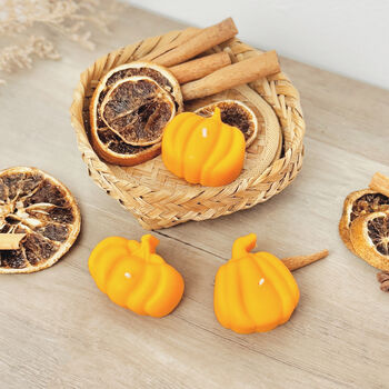 Orange Pumpkin Tea Light Set Of Three Autumn Candles, 10 of 10