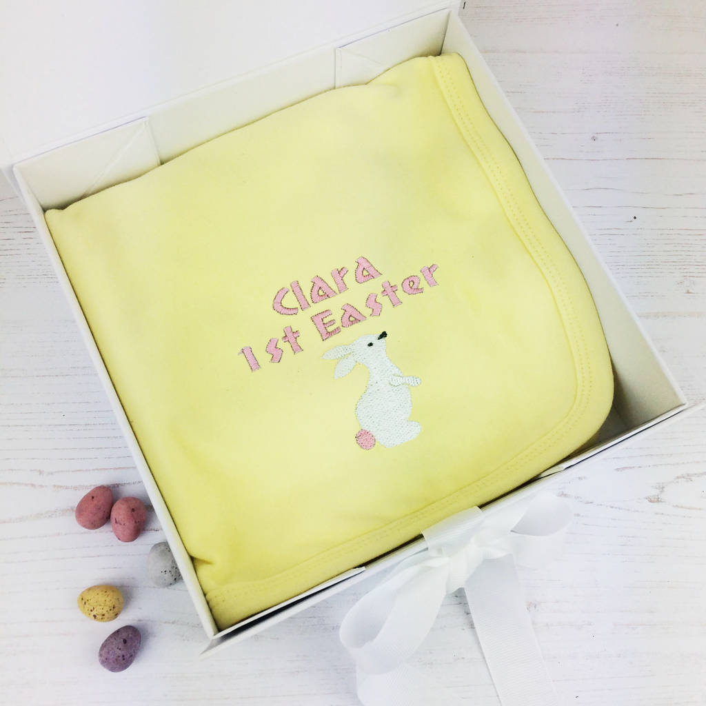 personalised first easter embroidered blanket gift box by born bespoke