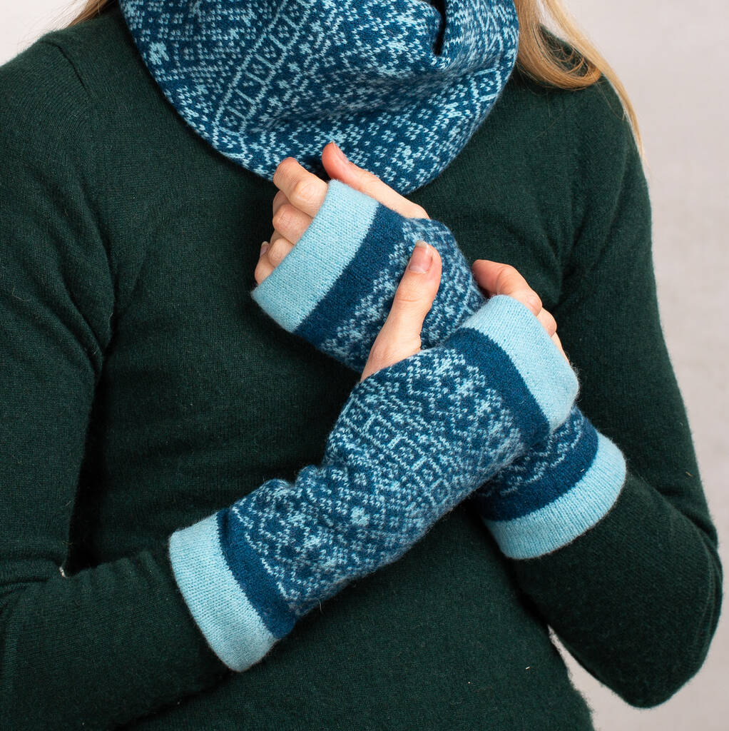 Soft Knitted Fair Isle Mittens Lambswool Blue Teal, 1 of 9
