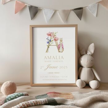 Personalised Bunny Floral Initial Birth Print For Nursery, 5 of 6