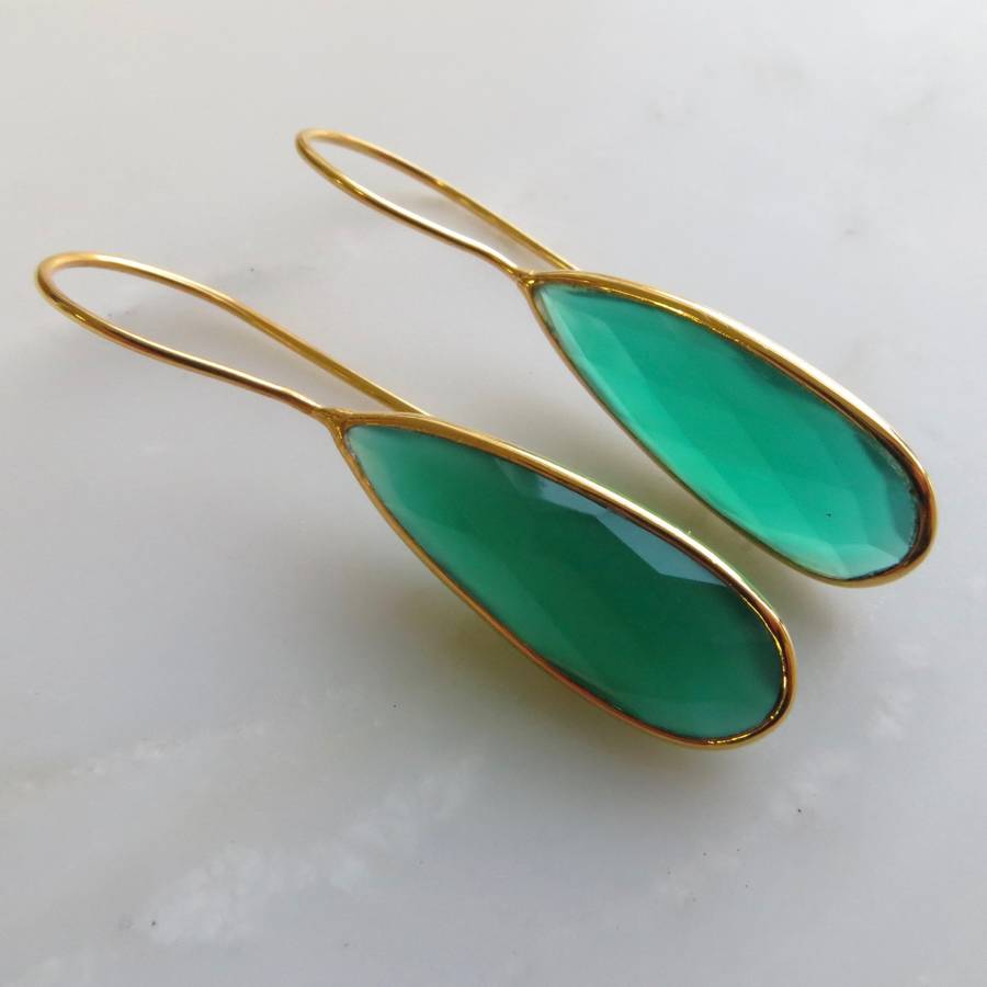 Green Onyx Gemstone And Gold Drop Earrings By Gracie Collins Green Onyx Gemstone And Gold Drop Earrings