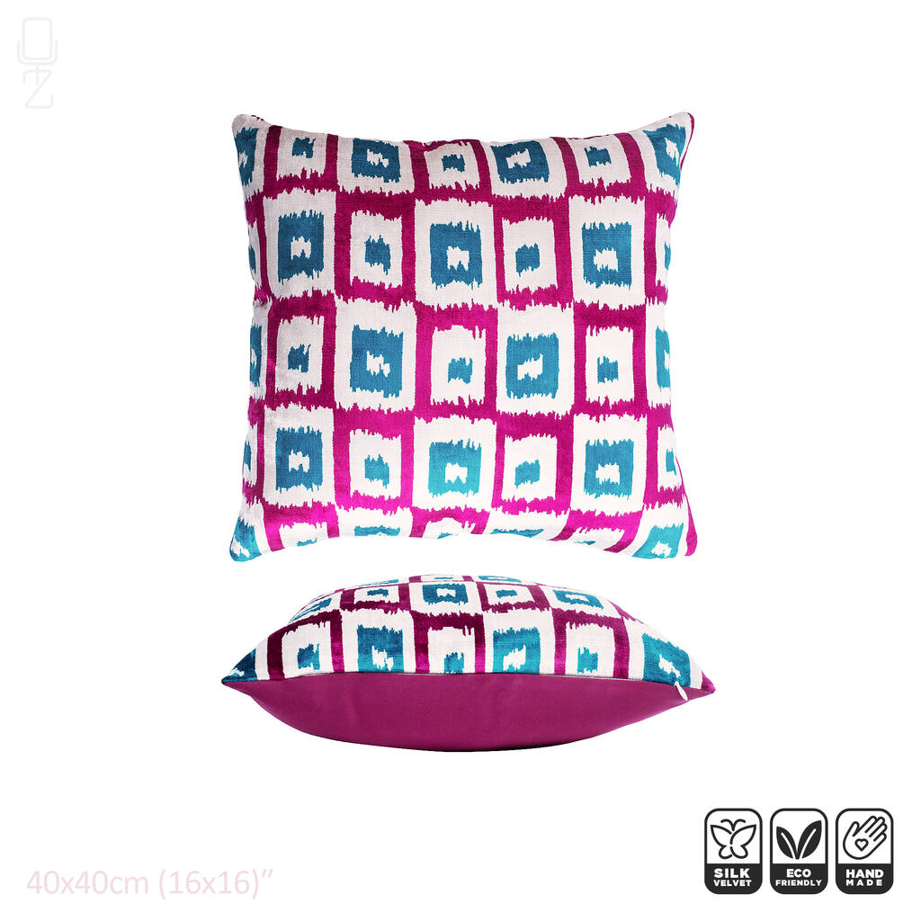 Fuchsia Pink & Blue Ikat Velvet Cushion Covers popular with Traditional Pattern, Front side is 100% Silk Velvet, Back side is Soft Burgundy Fabric