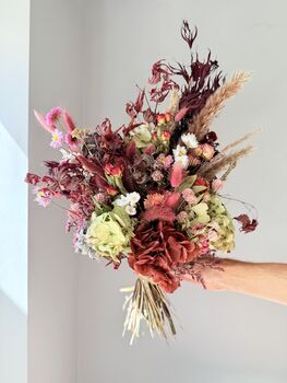 Dried Acer And Hydrangea Bouquet In Red Pink Tones, 3 of 6