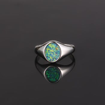 Green Oval Opal Silver Steel Signet Ring, 10 of 12