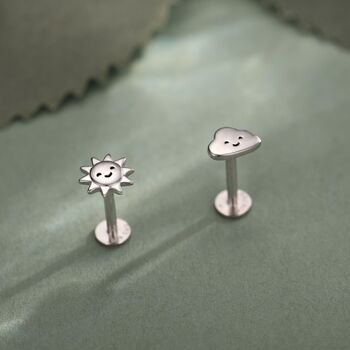 Sterling Silver Sun And Cloud 16 G Flat Back Labret Earrings, 3 of 12