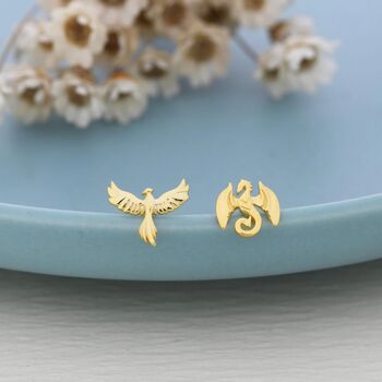 Mismatched Dragon And Phoenix Stud Earrings In Sterling Silver, 5 of 10