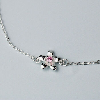 Sterling Silver Pink Crystal Flower Charm Bracelet, 3 of 6