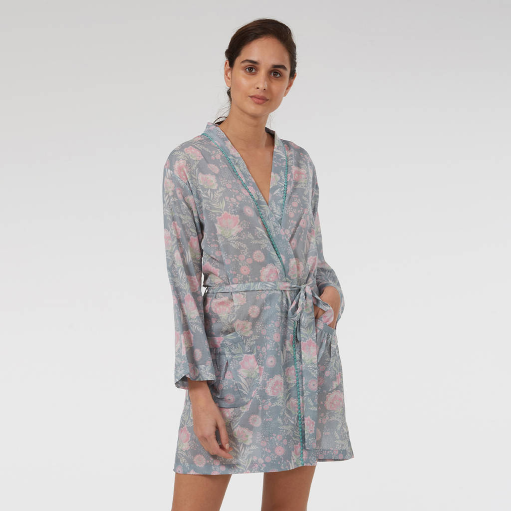 Short Cotton Robe In Grey French Fleurs By Caro London ...