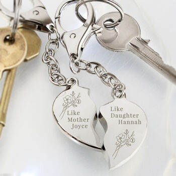 Engraved Floral Mother Daughter Two Heart Keyring, 2 of 4