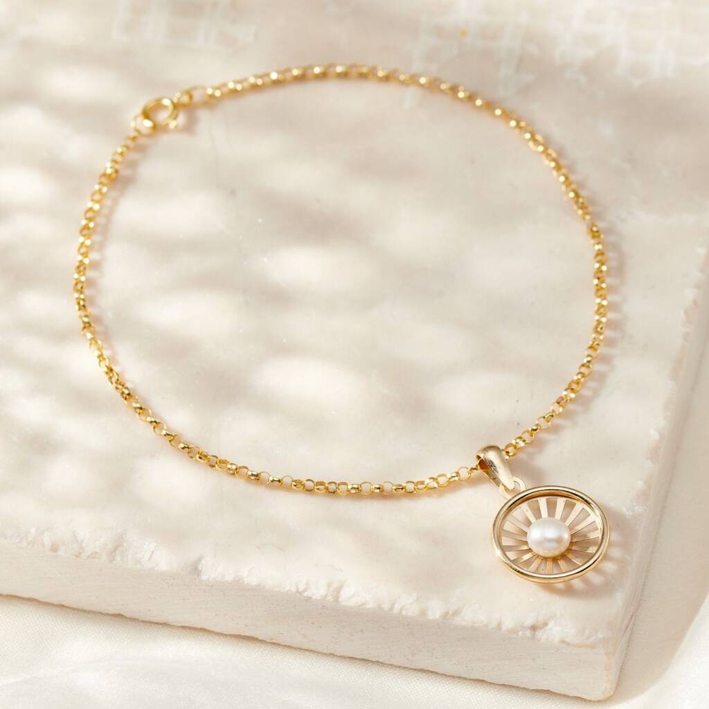 9ct Gold Pearl Sunburst Charm Bracelet, 1 of 3