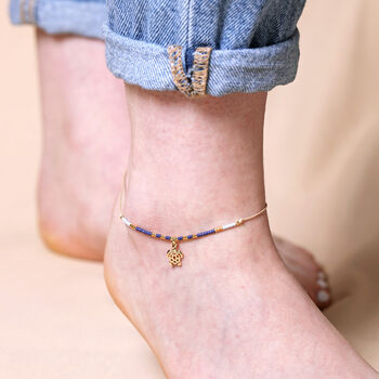Blue Miyuki Bead Turtle Charm Cord Anklet In Gold, 3 of 4