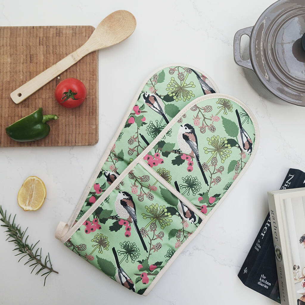 Green Double Oven Gloves With Birds, 1 of 6
