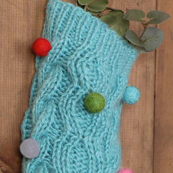 Blue Fair Trade Wool Knit Pom Pom Stocking, 3 of 4