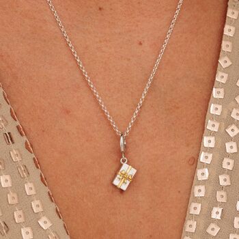 Sterling Silver Christmas Present Charm Necklace With Gold Bow, 2 of 10
