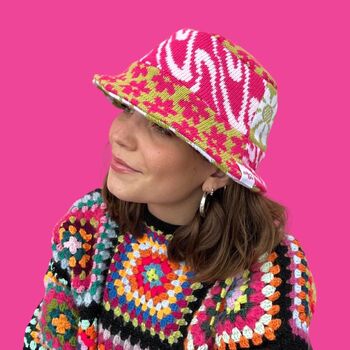 Knitted Patchwork Pink And Green Bucket Hat, 3 of 7
