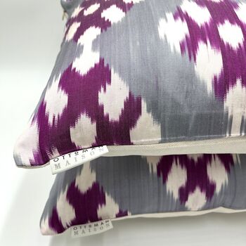 Square Ikat Silk Cushion Grey And Purple Weave, 5 of 7