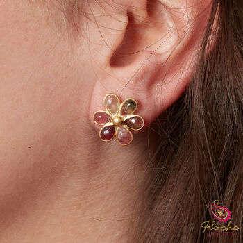 Tourmaline Flower Gold Plated Studs, 2 of 12