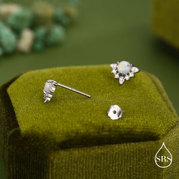 Sterling Silver Vintage White Opal Flower Cz Stud Earrings, 4 of 11