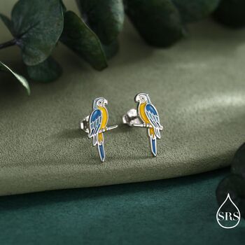 Blue And Yellow Macaw Parrot Bird Stud Earrings In Sterling Silver, 3 of 10