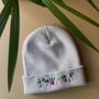 Unisex Hand Embroidered Grey Beanie With Plants, thumbnail 2 of 6