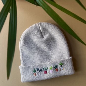 Unisex Hand Embroidered Grey Beanie With Plants, 2 of 6