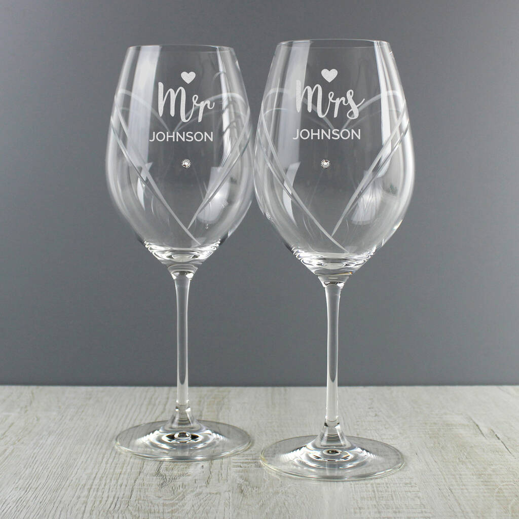 Personalised Mr And Mrs Hand Cut Swarovski Wine Glasses By Blackdown Lifestyle