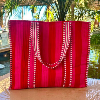 Tote Bag Quilted Cotton Print Pink Stripe Beach Bag, 4 of 6