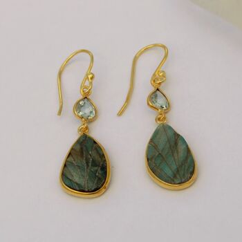 Labradorite, Blue Topaz Gold Plated Silver Earrings, 2 of 5