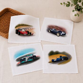 Set Of Four Handkerchiefs With F1 Racing Car Illustrations, 3 of 12