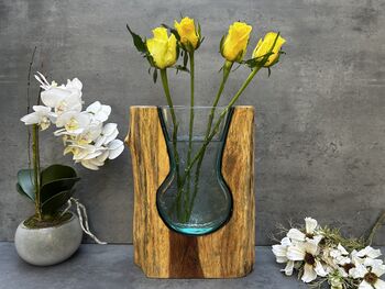 Huge Heavy 31cm Molten Glass Wedge Vase On Teak Root Flower Holder, 6 of 12