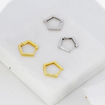 Sterling Silver Pentagon Huggie Hoop Earrings, 2 of 12