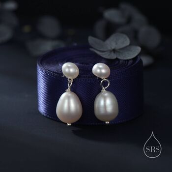 Sterling Silver Double Pearl Stud Dangle Earrings, 2 of 12