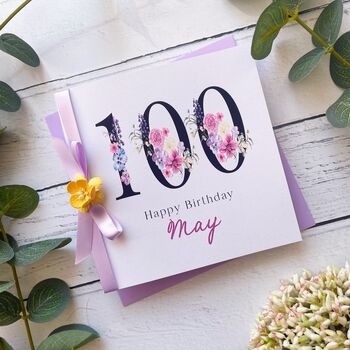 Lilac And Yellow Personalised 100th Birthday Card, 4 of 4