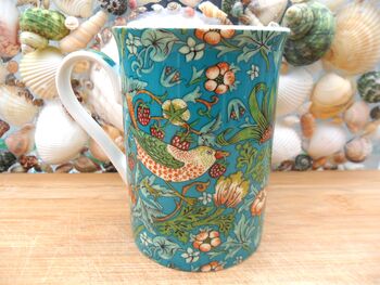 Set Of Six Straight Mugs In Teal Strawberry Thief Design, 10 of 10