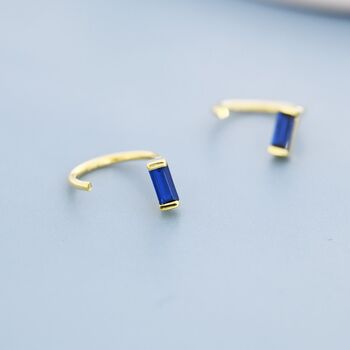 Sterling Silver Sapphire Blue Baguette Cut Cz Huggie Hoop Earrings, 2 of 9