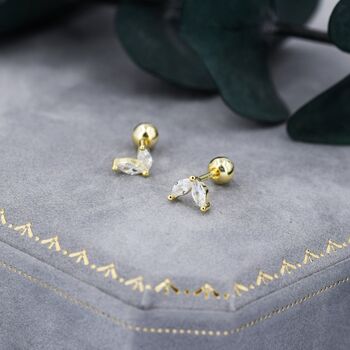 Sterling Silver Cz Marquise Leaf Screwback Earrings, 3 of 11