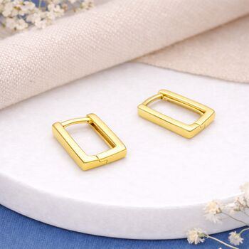 Gold Plated Sterling Silver Rectangle Huggie Hoop Earrings – 13mm X 9mm, 3 of 5