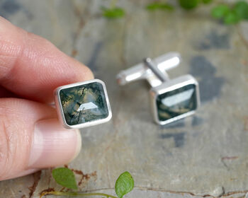 Natural Moss Agate Cufflinks In Sterling Silver, 3 of 3