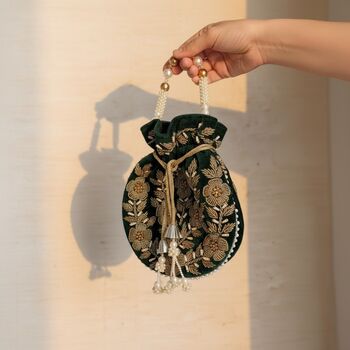 Handcrafted Emerald Green Velvet Potli Bag, 6 of 7
