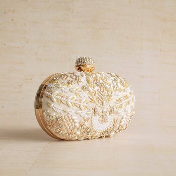 Aashna Dull Ivory Silk Oval Bridal Clutch, 5 of 5