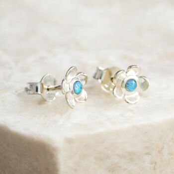 Sterling Silver Blue Opal Forget Me Not Stud Earrings, 3 of 7