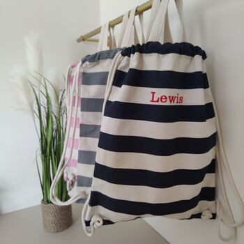 Nautical Stripe Cotton Drawstring Gym Bag Backpack, 2 of 11
