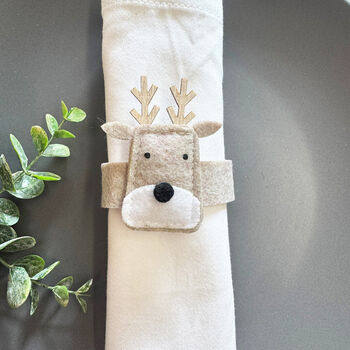 Brown Felt Reindeer Napkin Rings Set For Christmas X Four, 5 of 8
