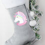 Personalised Unicorn Luxury Silver Grey Christmas Stocking, thumbnail 2 of 3